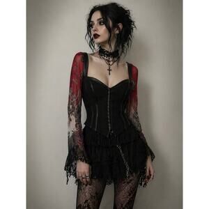 NWT Vintage Bebe Genuine Leather Corset Top 100% Silk Paisley Sleeves Sz M Y2K